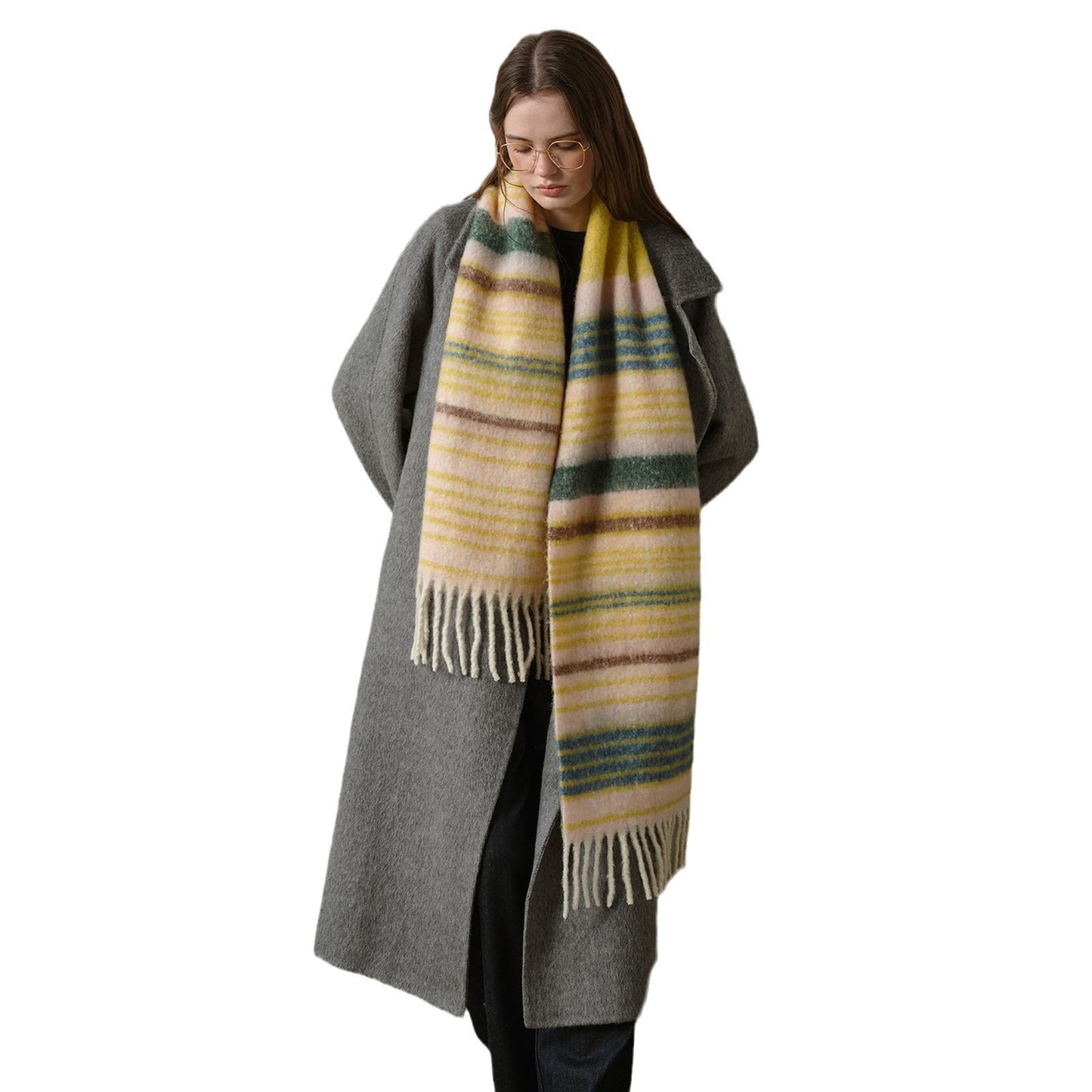 Designer Wool Blend Saturn Stripe Scarf Thickened Cashmere Feel Winter Scarf
