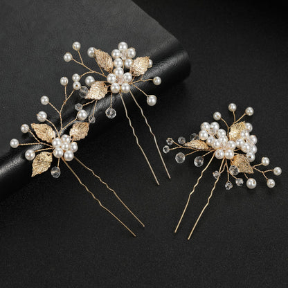 Gold Silver Leaf Pearl U Shaped Hairpins Set