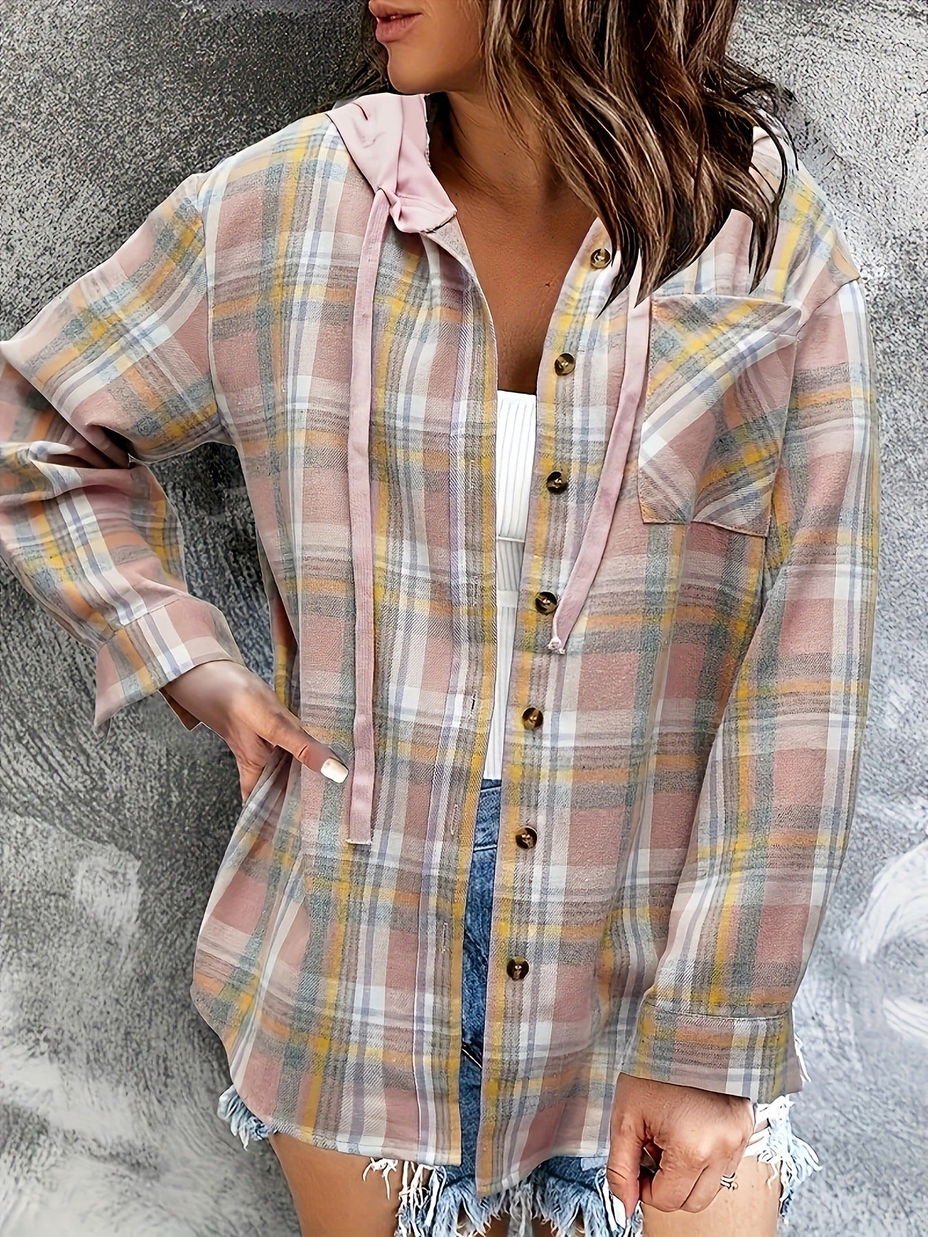 Hooded Plaid Sweatshirt Casual Outerwear