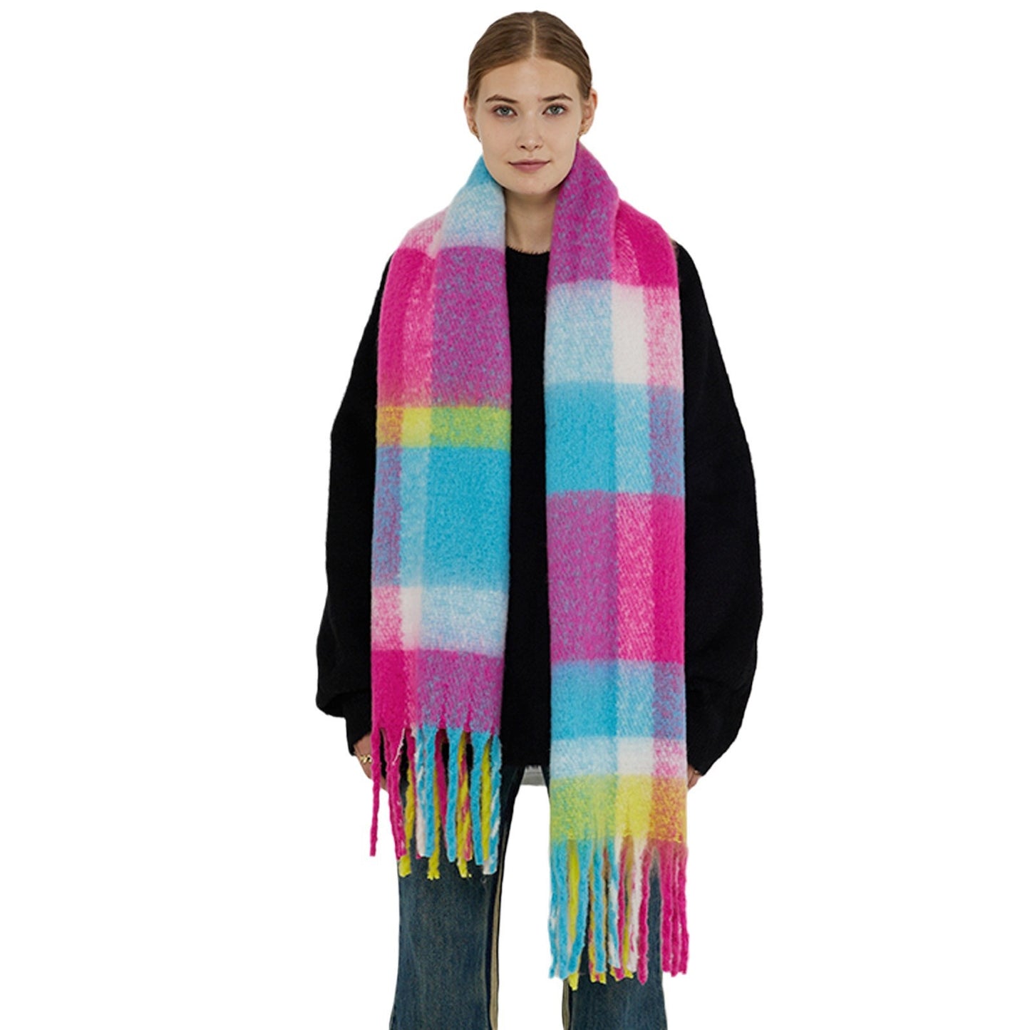 Thick Warm Plaid Oversized Scarf with Fringe