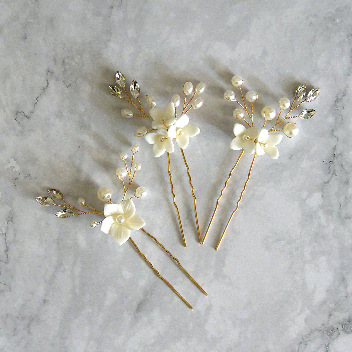 White Floral U Shaped Hair Pins Set of 3 Bridal Wedding Hair Accessories