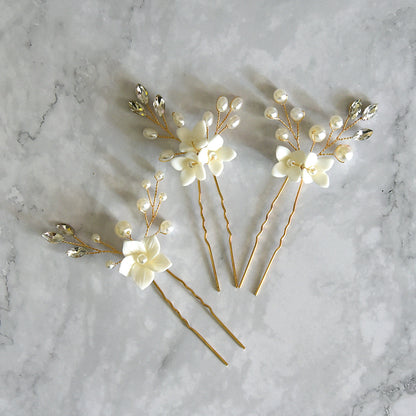 White Floral U Shaped Hair Pins Set of 3 Bridal Wedding Hair Accessories
