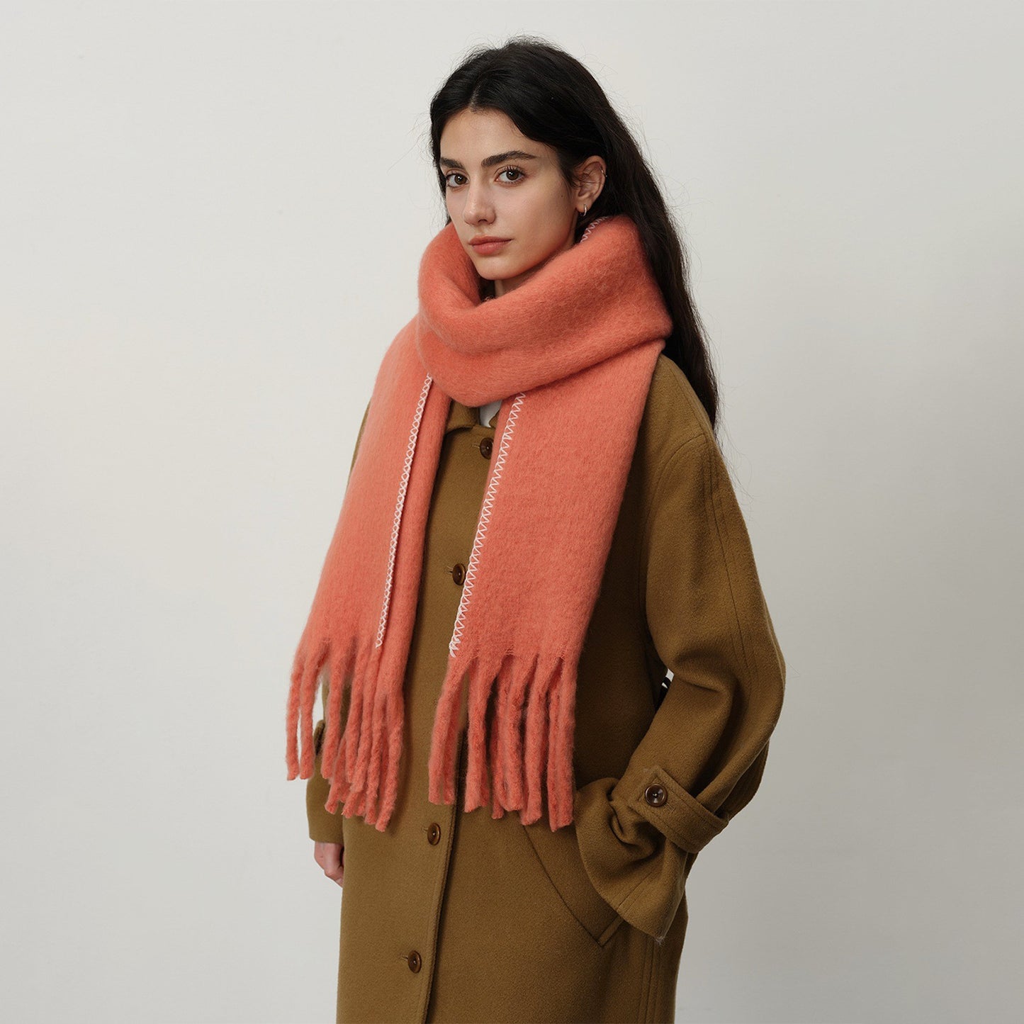 Solid Color Fringed Scarf Stylish Warm Winter Wrap