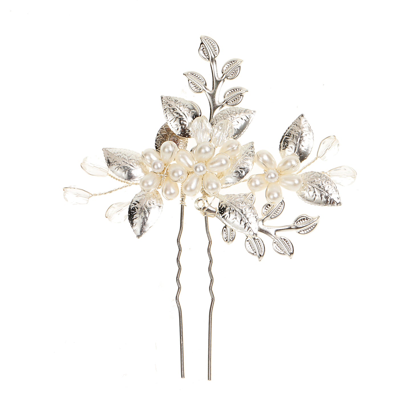 Silver Leaf Pearl Crystal Handmade U Shaped Hairpin Wedding Hairpiece