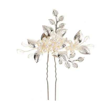 Silver Leaf Pearl Crystal Handmade U Shaped Hairpin Wedding Hairpiece