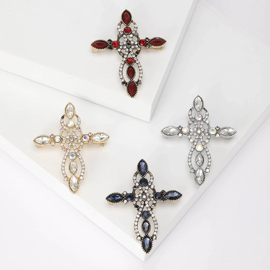 Retro Cross Rhinestone Brooch Unique Accessory for Blazers and Sweaters