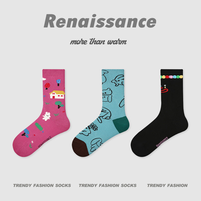 Mid Calf Striped Combed Cotton Socks For Daily Wear