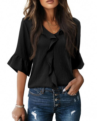 Casual Lantern Sleeve Blouse with Ruffled Hem