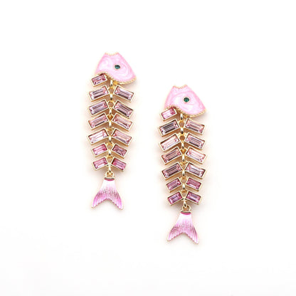 Earrings Fishbone Rhinestone Dangle Retro Chic