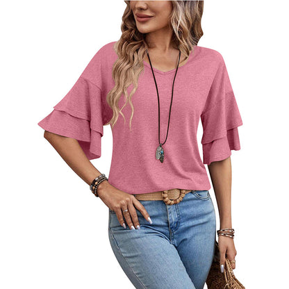 V-Neck Layered Sleeve Loose T-Shirt for Women