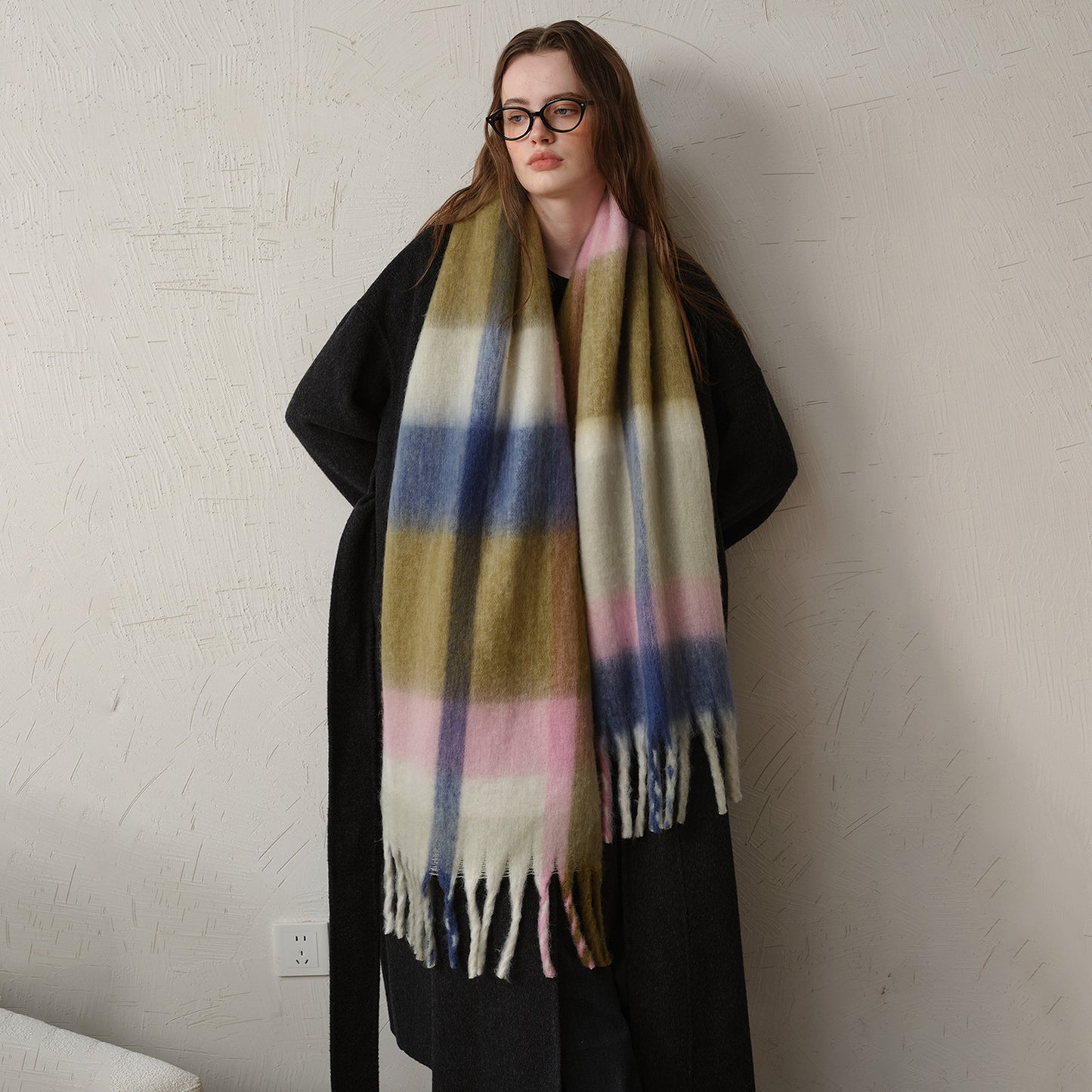 Thick Warm Plaid Oversized Scarf with Fringe