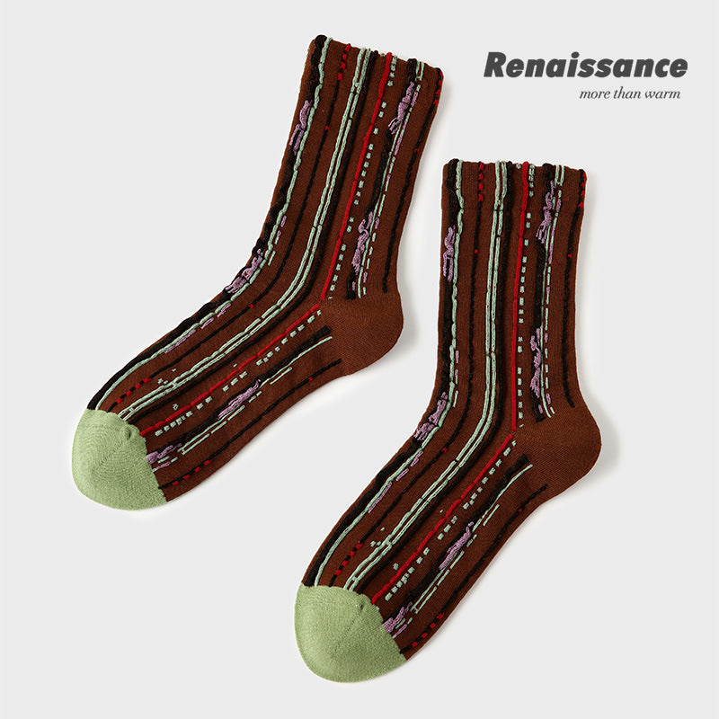 Mid Calf Embossed Stripe Socks Combed Cotton Breathable
