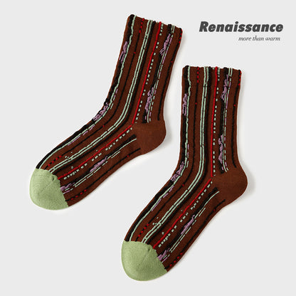 Mid Calf Embossed Stripe Socks Combed Cotton Breathable