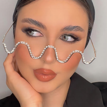 Diamond-Studded Metal Frameless Glasses Trendy Wave Style