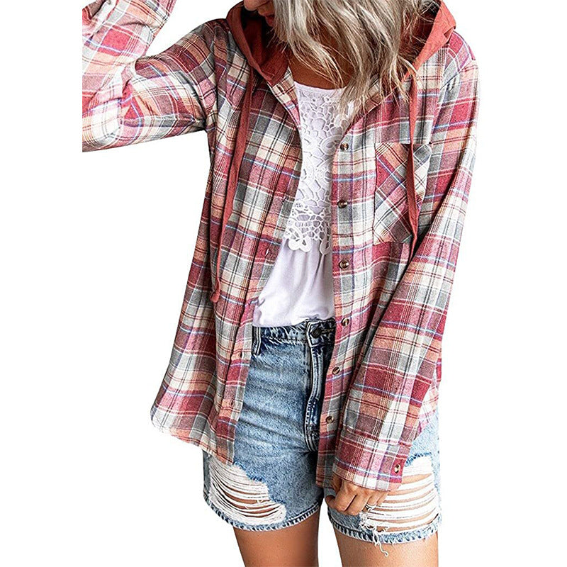 Hooded Plaid Sweatshirt Casual Outerwear
