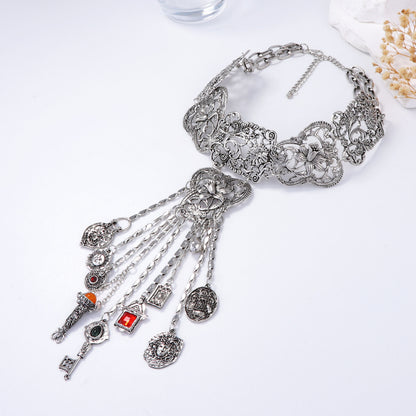 Bohemian Geometric Floral Tassel Statement Necklace