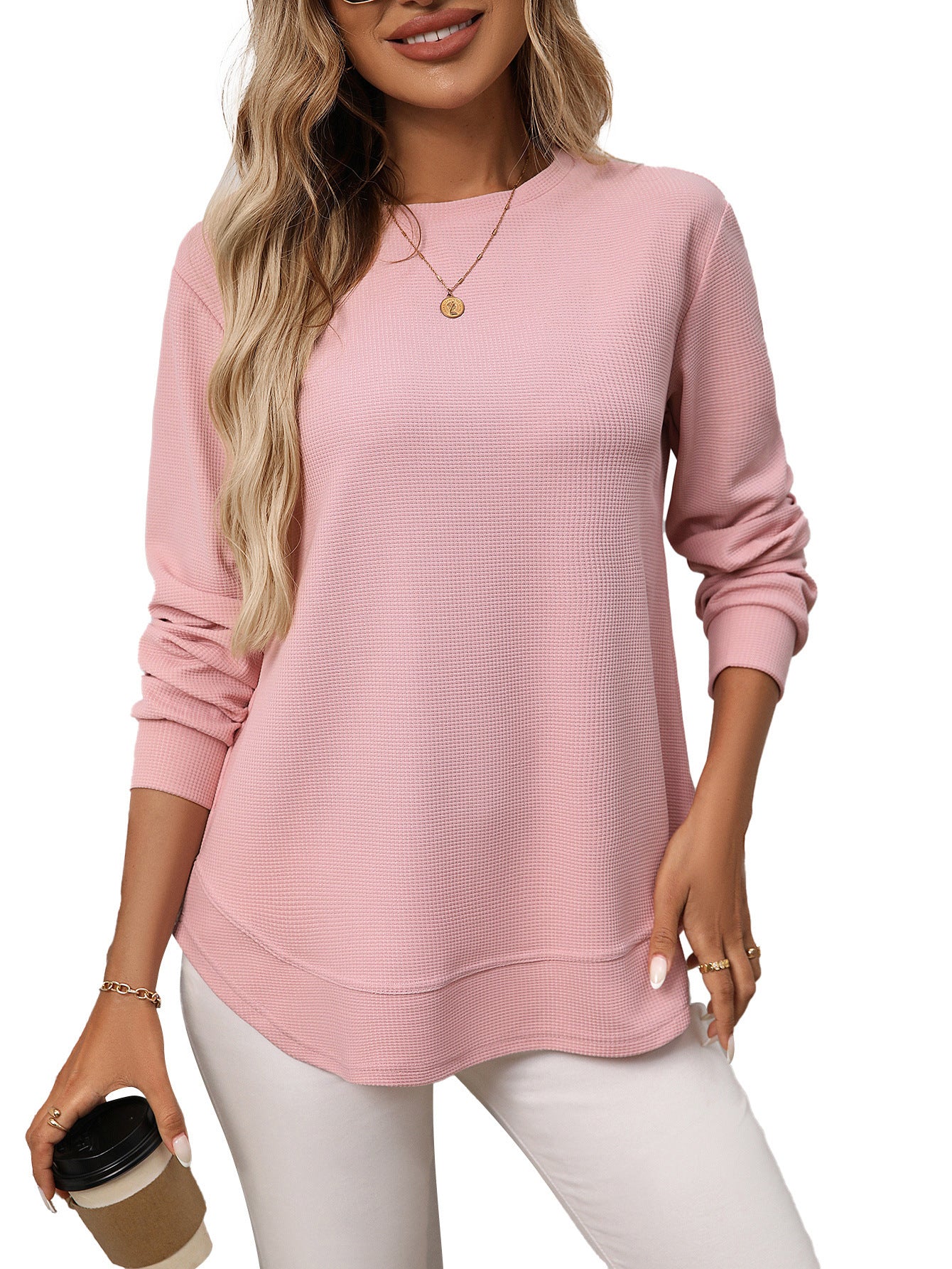 Casual Loose Waffle Knit Long Sleeve T-Shirt