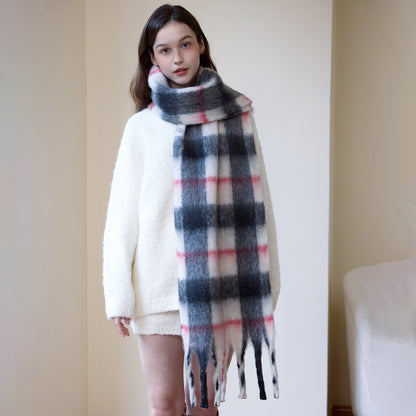 Thick Cozy Plaid Scarf with Fringes for Women
