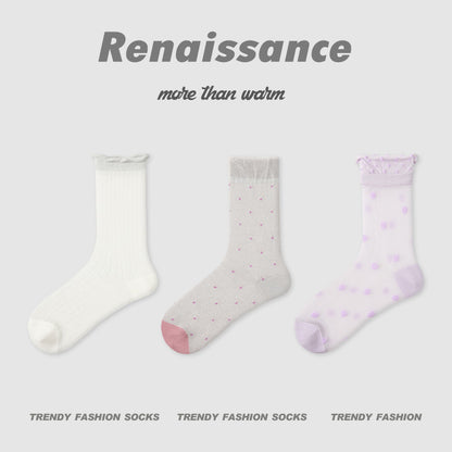 Mid Calf Striped Mesh Breathable Cotton Socks