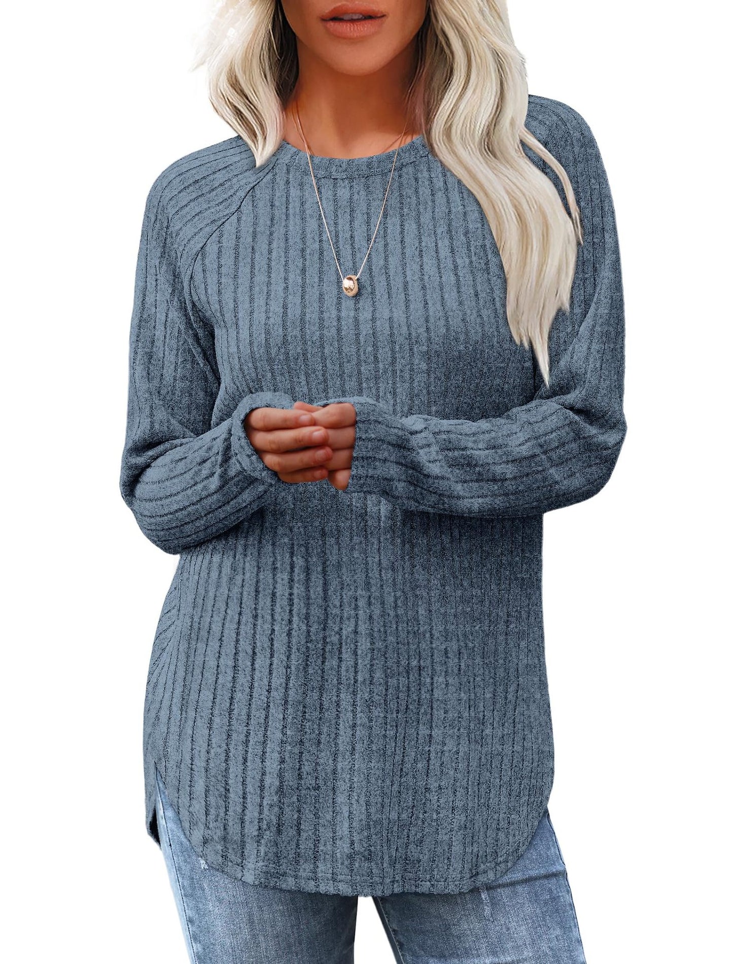 Loose Fit Round Neck Top with High-Low Hem