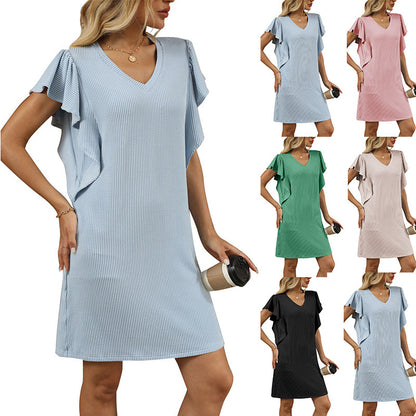 Color Block V-Neck A-Line Dress with Ruffle Sleeves