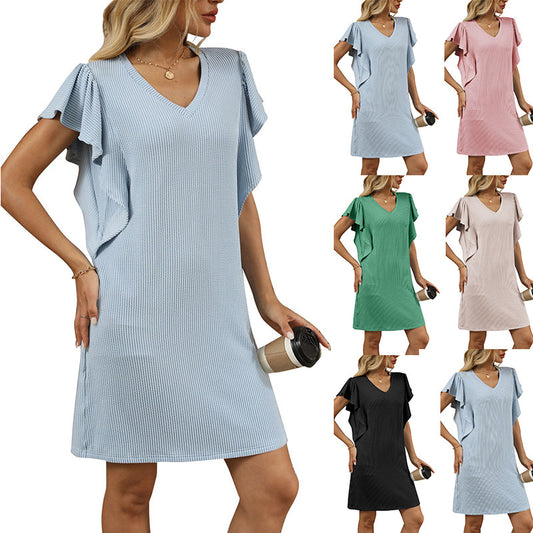 Color Block V-Neck A-Line Dress with Ruffle Sleeves