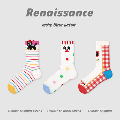 Socks Colorblock Dog Stripe Combed Cotton Mid Calf