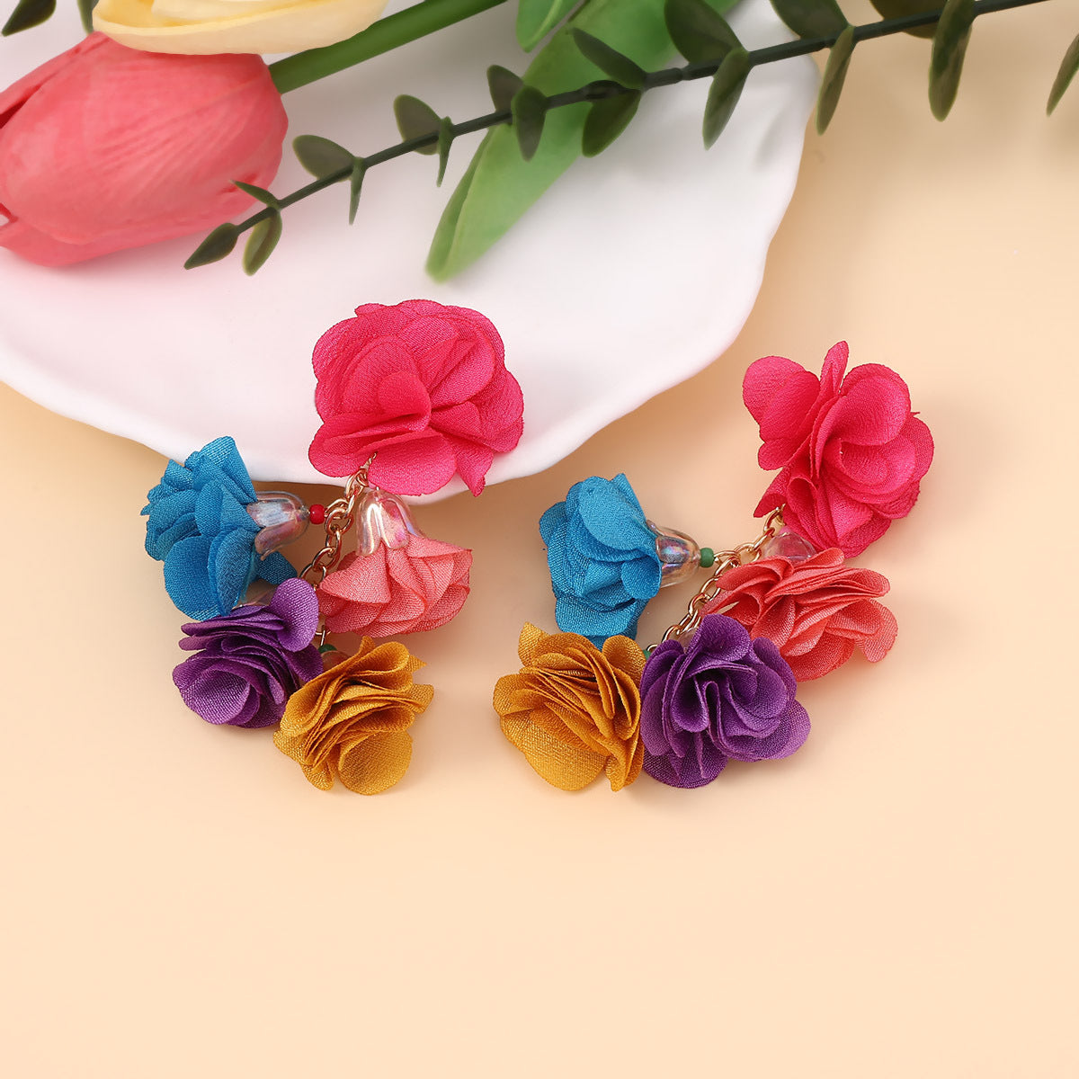 Earrings Bohemian Floral Fabric Chain Lightweight Resort