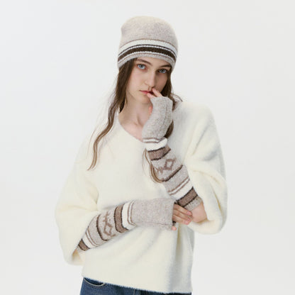 Retro Color Block Knitted Hat & Mittens Set