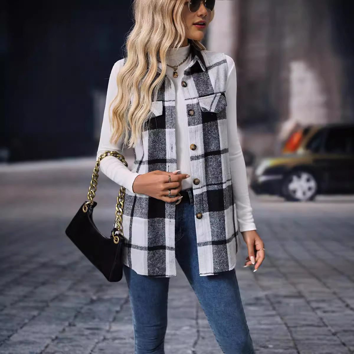 Trendy Checkered Sleeveless Vest Loose Fit Coat