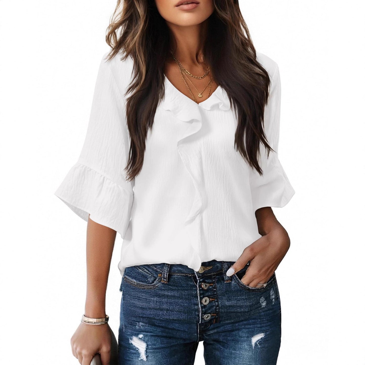 Casual Lantern Sleeve Blouse with Ruffled Hem