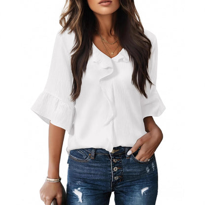 Casual Lantern Sleeve Blouse with Ruffled Hem