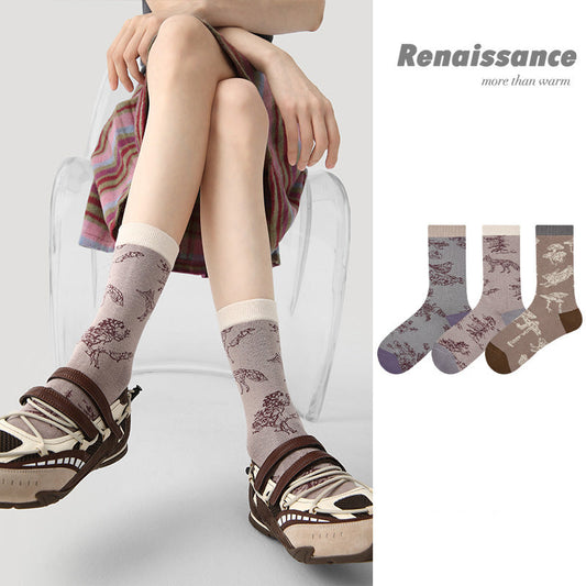 Mid Calf Embossed Floral Combed Cotton Socks