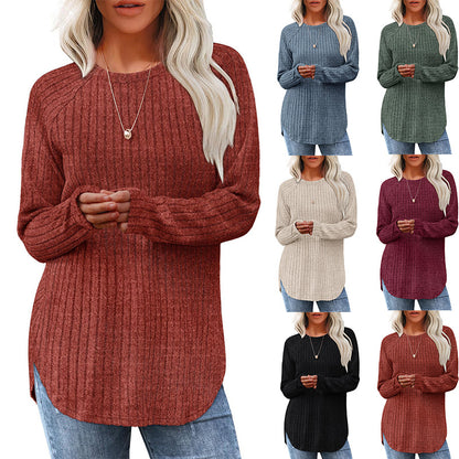 Loose Fit Round Neck Top with High-Low Hem