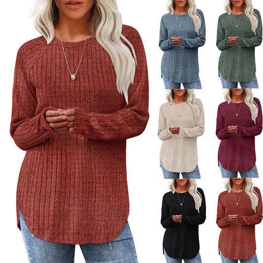 Loose Fit Round Neck Top with High-Low Hem
