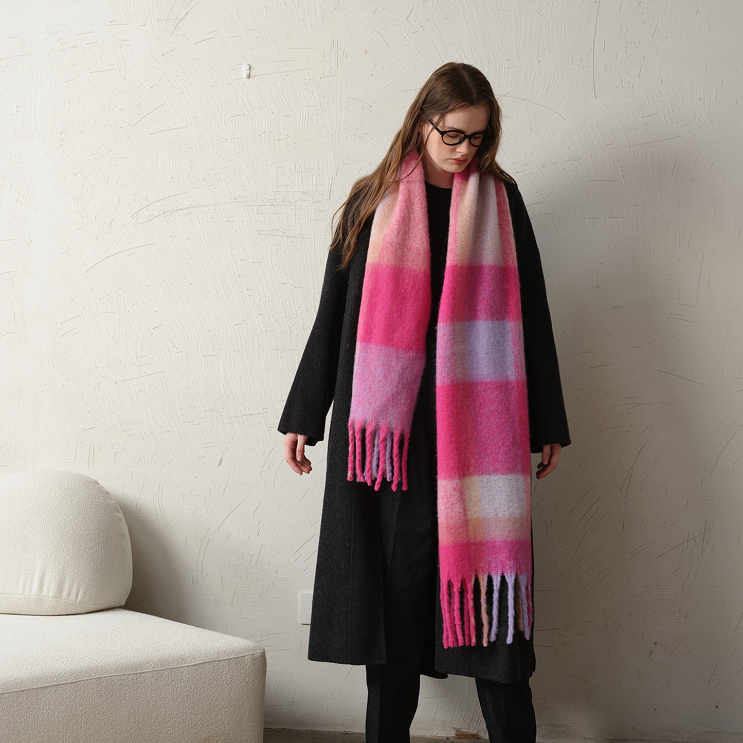 Warm Oversized Plaid Scarf with Fringes for Women