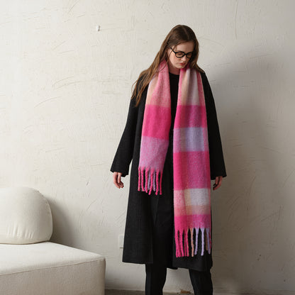 Warm Oversized Plaid Scarf with Fringes for Women