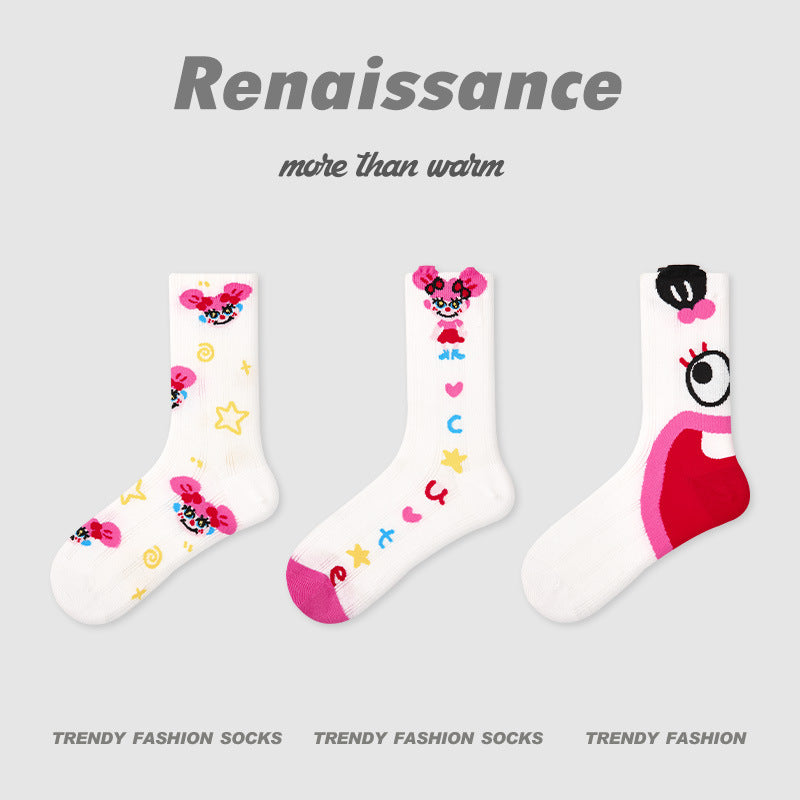 Socks Colorblock Dog Stripe Combed Cotton Mid Calf