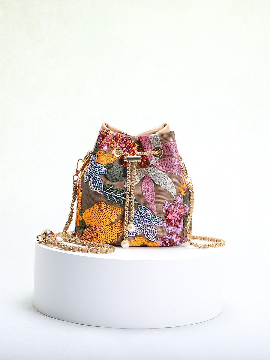 Elegant Floral Embroidery Sequin Mesh Bucket Bag