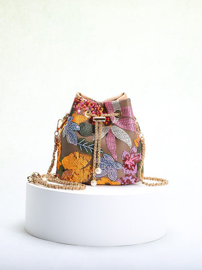 Elegant Floral Embroidery Sequin Mesh Bucket Bag
