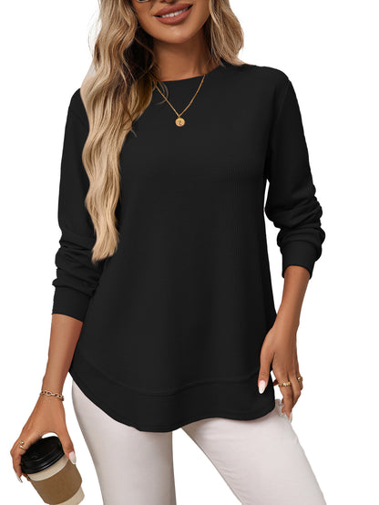 Casual Loose Waffle Knit Long Sleeve T-Shirt