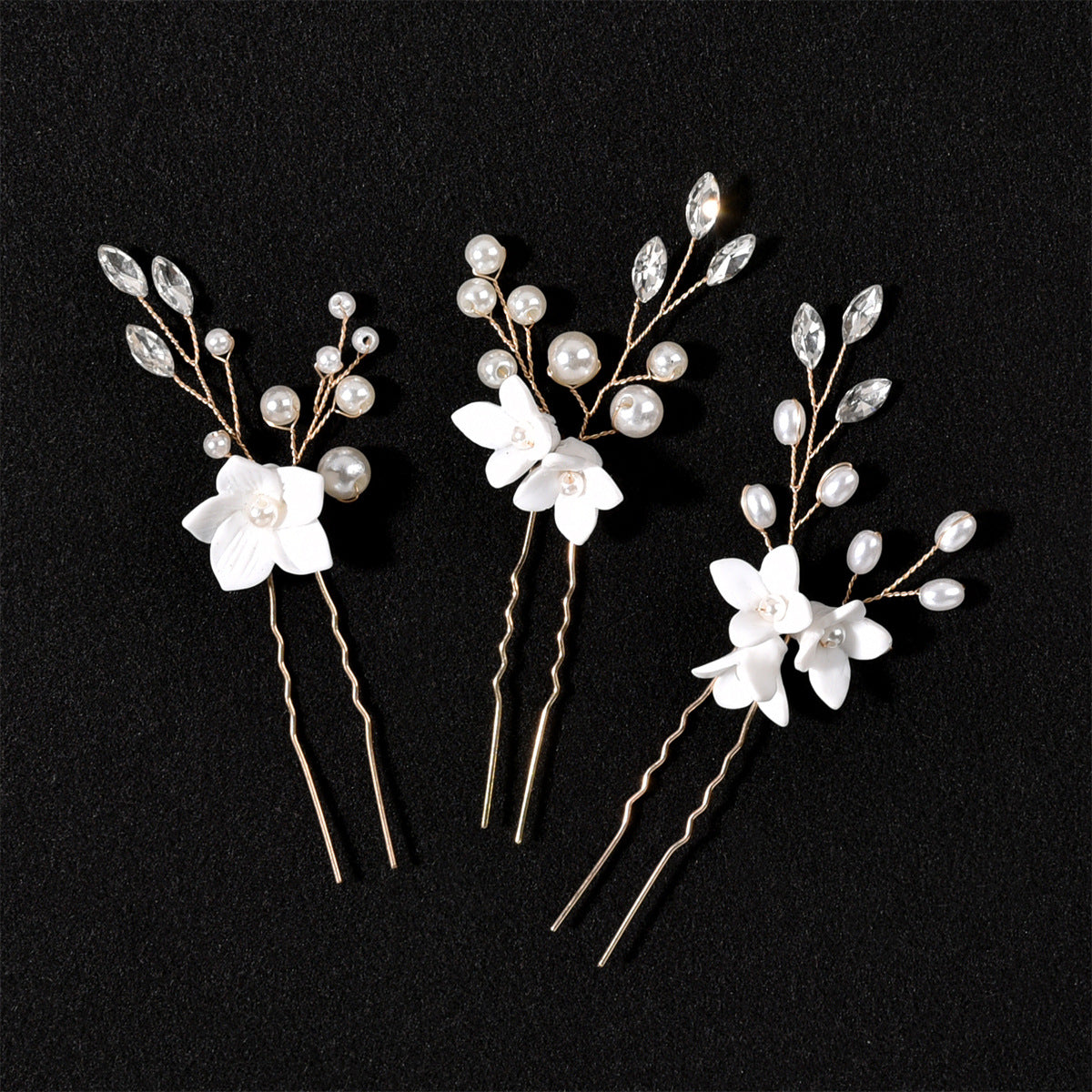 White Floral U Shaped Hair Pins Set of 3 Bridal Wedding Hair Accessories