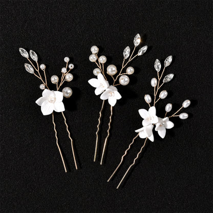 White Floral U Shaped Hair Pins Set of 3 Bridal Wedding Hair Accessories