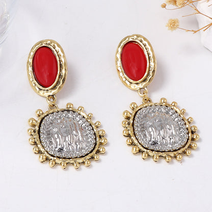 Vintage Geometric Resin Inlay Alloy Drop Earrings