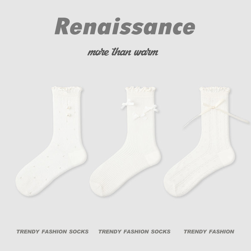 Mid Calf Striped Mesh Breathable Cotton Socks