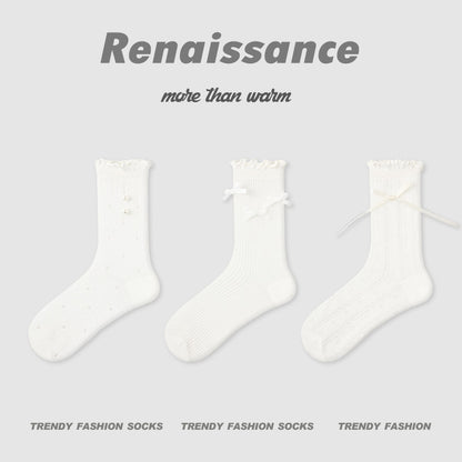 Mid Calf Striped Mesh Breathable Cotton Socks