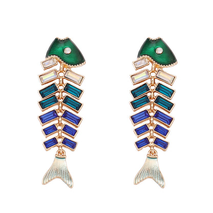 Vintage Fishbone Carp Rhinestone Drop Earrings