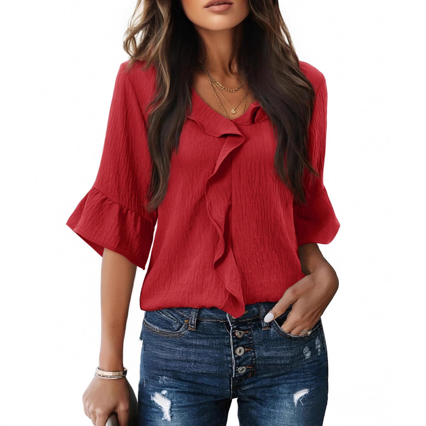 Casual Lantern Sleeve Blouse with Ruffled Hem