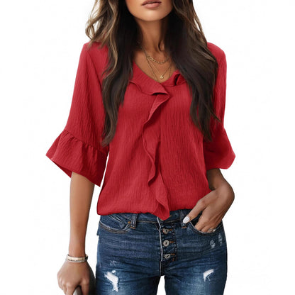 Casual Lantern Sleeve Blouse with Ruffled Hem