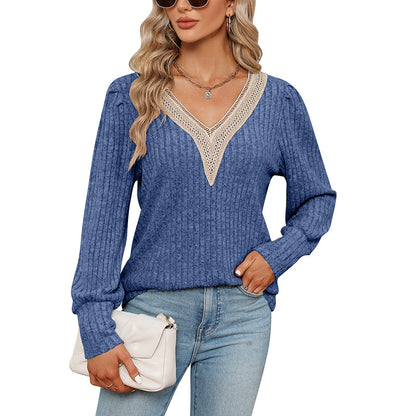 V-Neck Lace Trim Loose Fit Corduroy T-Shirt
